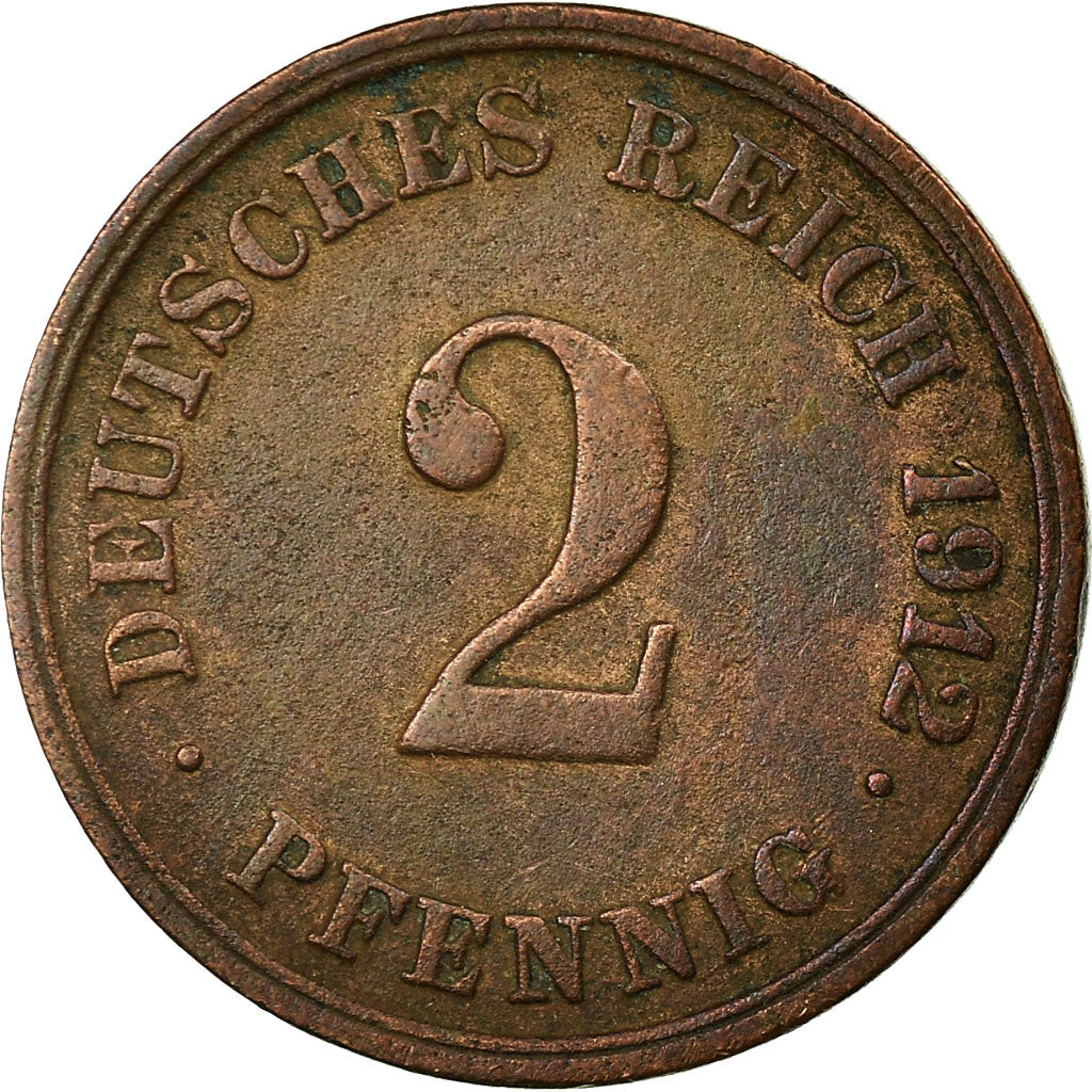 Moneda, ALEMANIA - IMPERIO, Wilhelm II, 2 Pfennig, 1912, Karlsruhe, BC+, Cobre