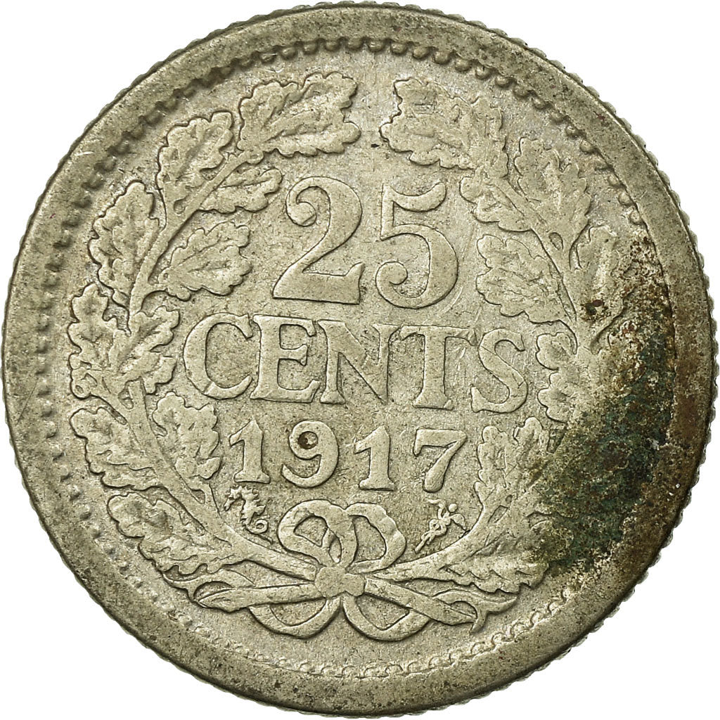 Coin, Netherlands, Wilhelmina I, 25 Cents, 1917, VF(30-35), Silver, KM:146