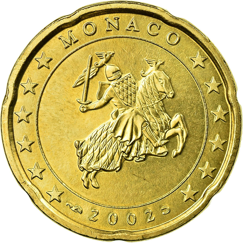 Monaco, 20 Euro Cent, 2002, AU(55-58), Brass, KM:171