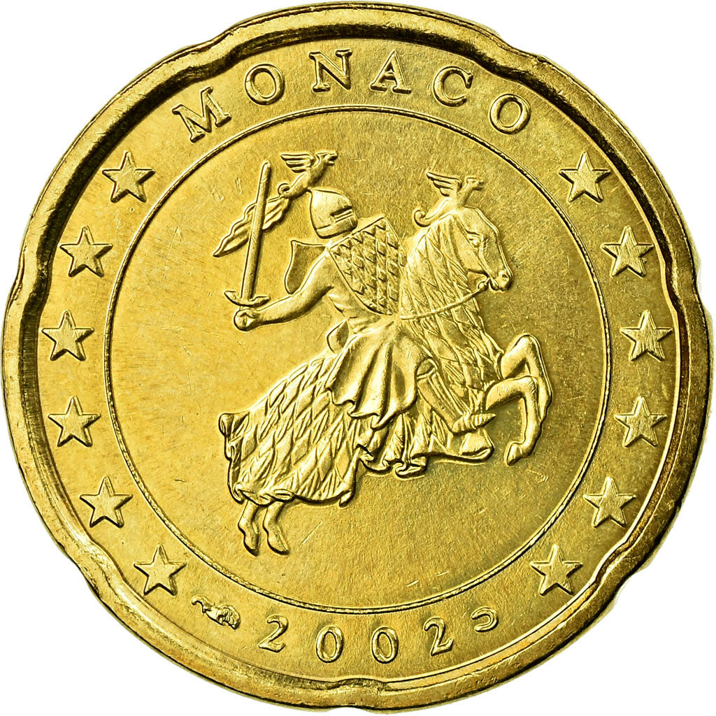 Monaco, 20 Euro Cent, 2002, AU(55-58), Brass, KM:171