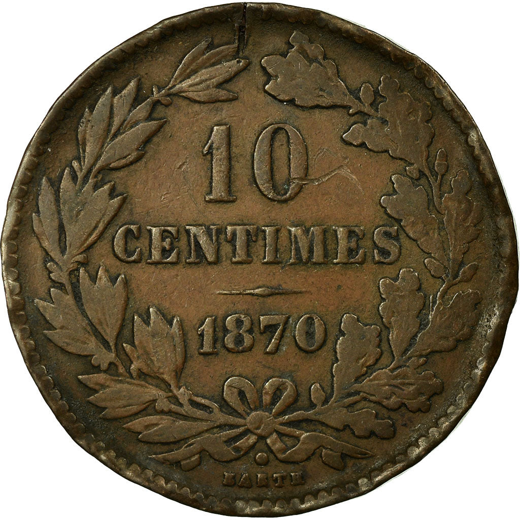 Coin, Luxembourg, William III, 10 Centimes, 1870, Utrecht, VF(30-35), Bronze