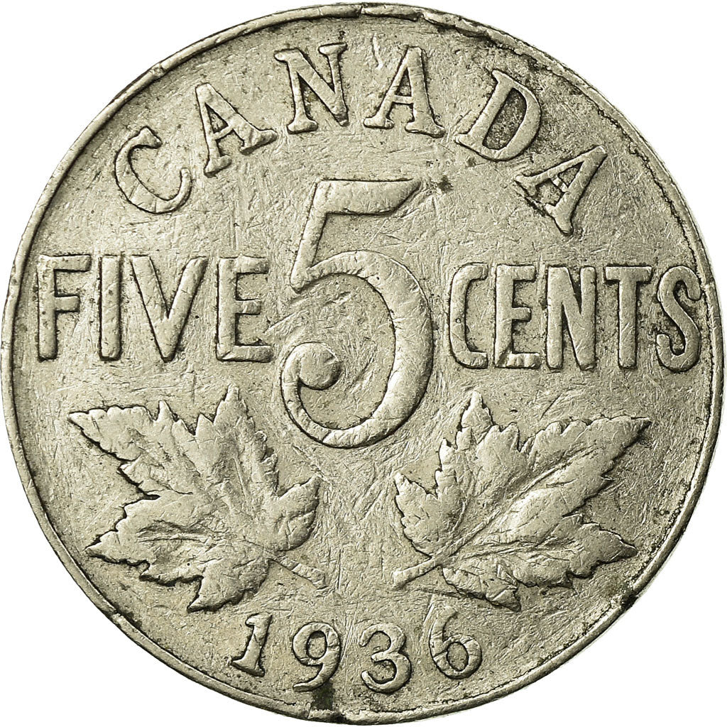 Moneda, Canadá, George V, 5 Cents, 1936, Royal Canadian Mint, Ottawa, MBC