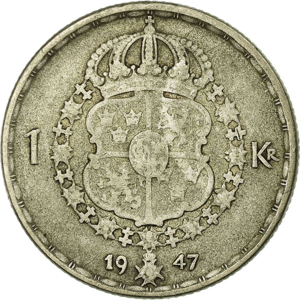 Moneda, Suecia, Gustaf V, Krona, 1947, BC+, Plata, KM:814
