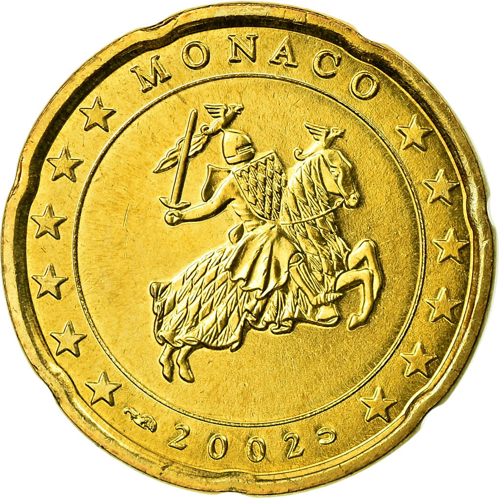 Mónaco, 20 Euro Cent, 2002, MS(63), Latão, KM:171