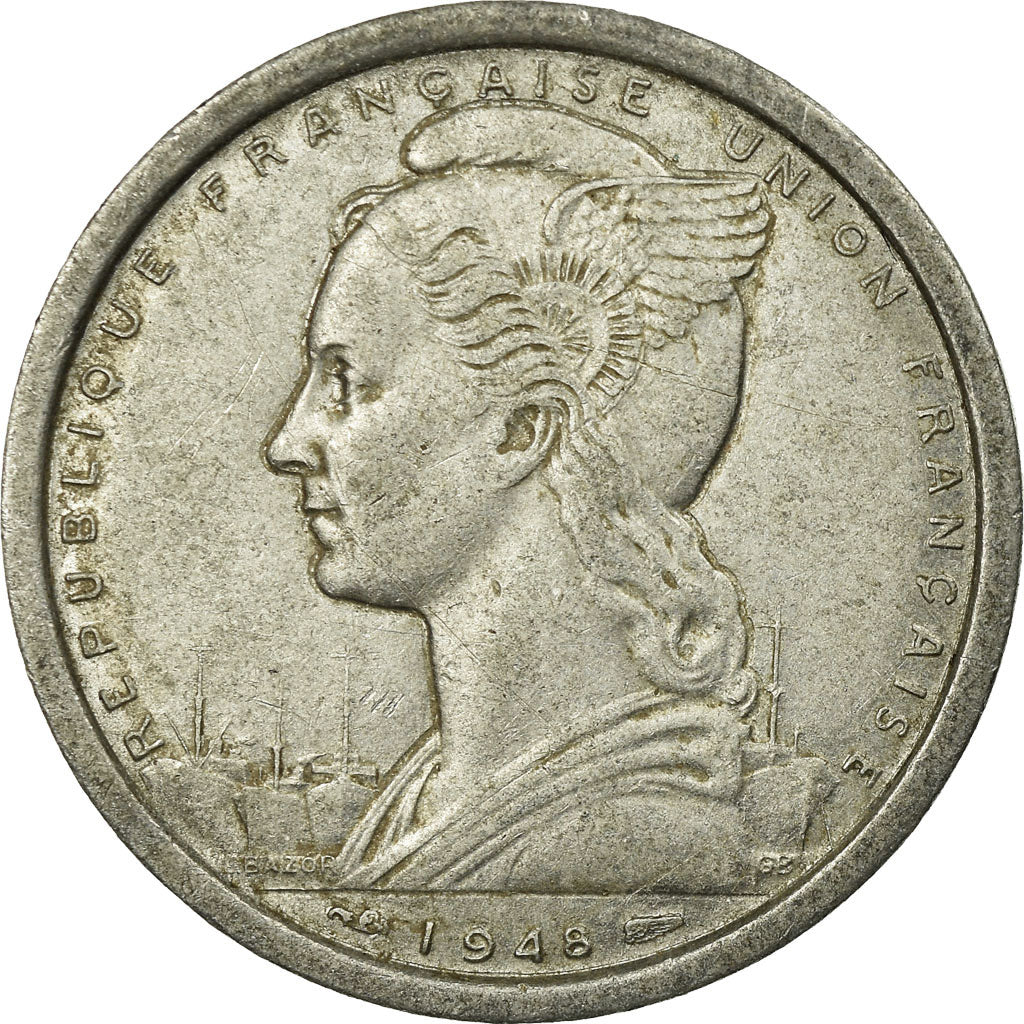 Moeda, África Equatorial Francesa, 2 Francs, 1948, Paris, EF(40-45), Alumínio