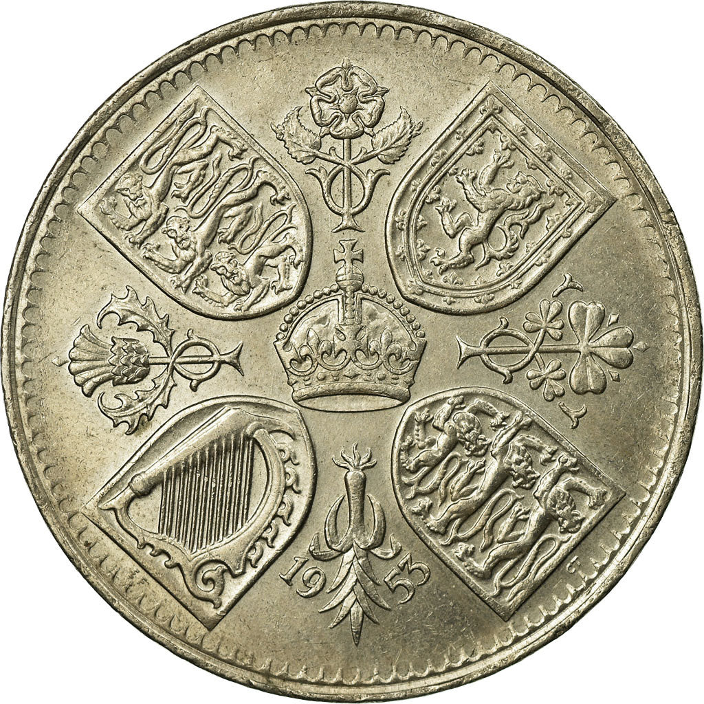 Coin, Great Britain, Elizabeth II, Crown, 1953, AU(55-58), Copper-nickel, KM:894