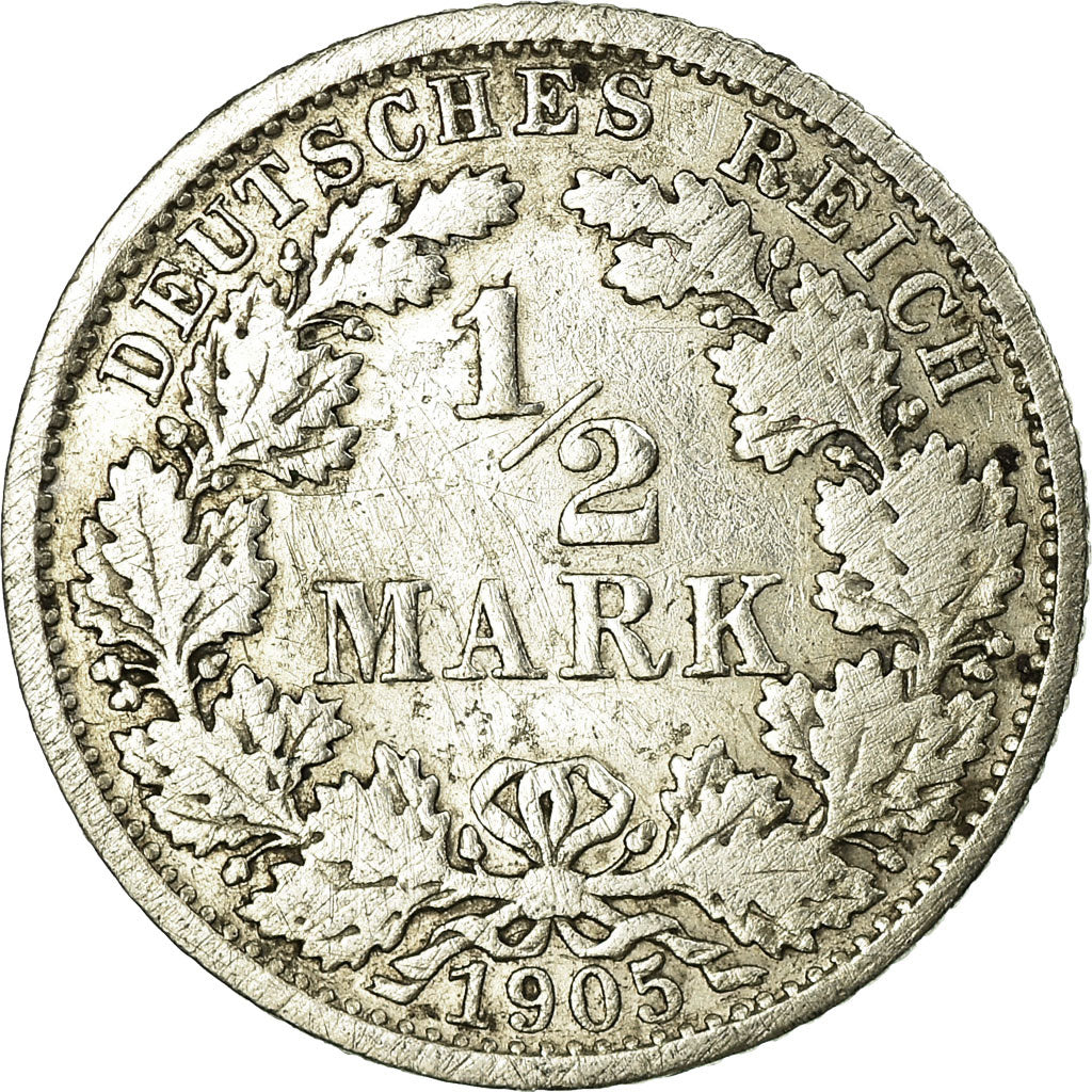 Coin, GERMANY - EMPIRE, 1/2 Mark, 1905, Stuttgart, VF(30-35), Silver, KM:17