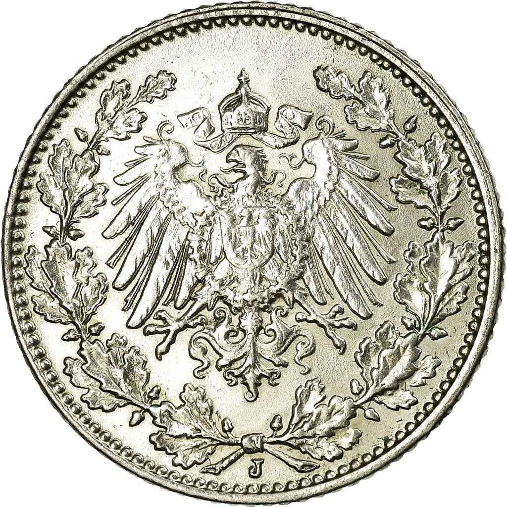 Coin, GERMANY - EMPIRE, 1/2 Mark, 1915, Hambourg, EF(40-45), Silver, KM:17