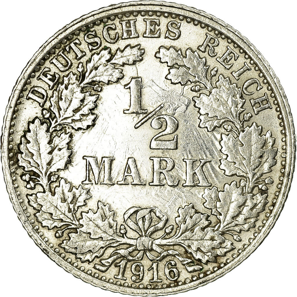 Coin, GERMANY - EMPIRE, 1/2 Mark, 1916, Stuttgart, EF(40-45), Silver, KM:17