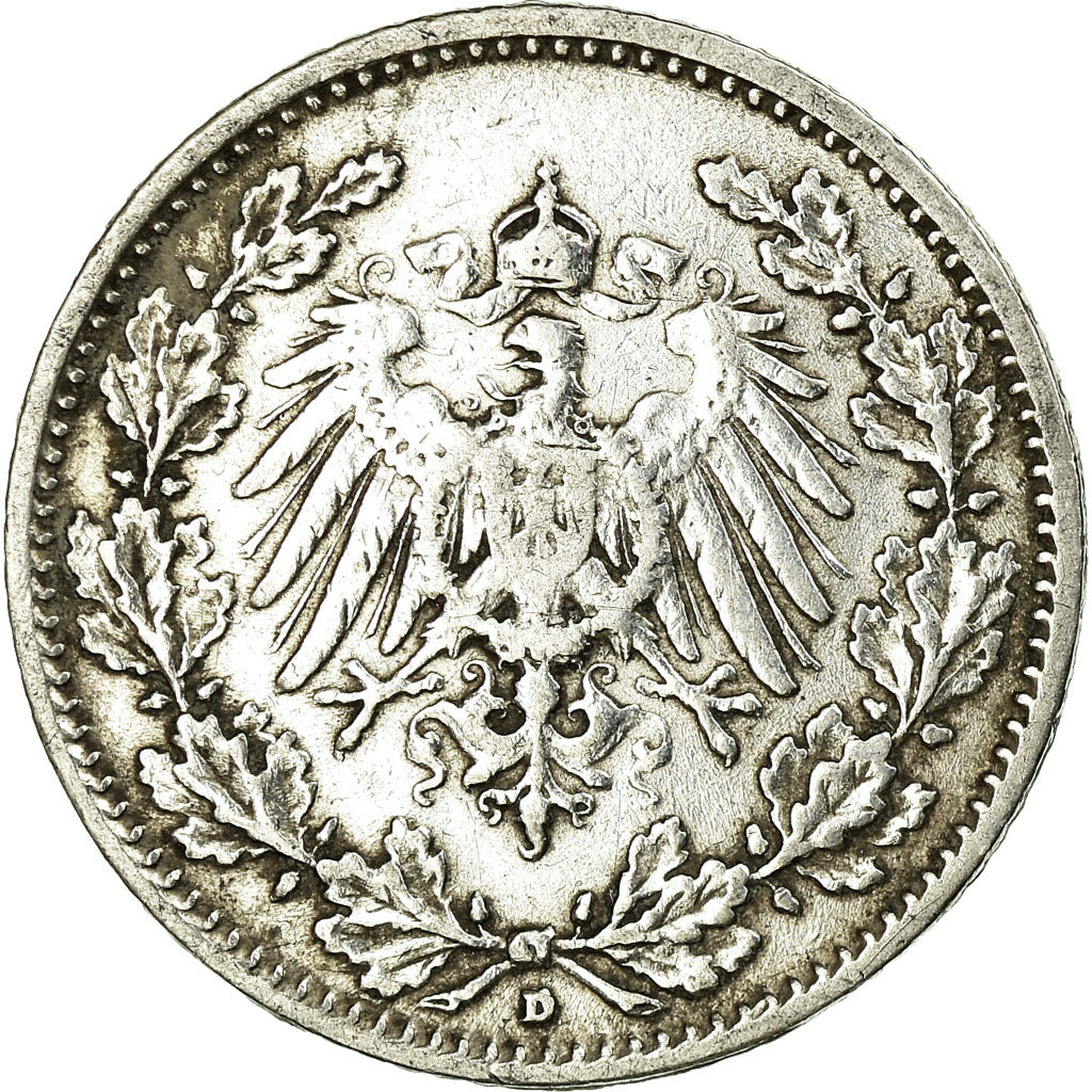 Coin, GERMANY - EMPIRE, 1/2 Mark, 1907, Munich, VF(30-35), Silver, KM:17