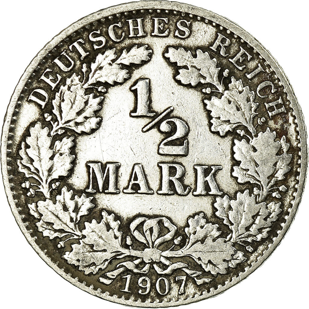 Coin, GERMANY - EMPIRE, 1/2 Mark, 1907, Munich, VF(30-35), Silver, KM:17