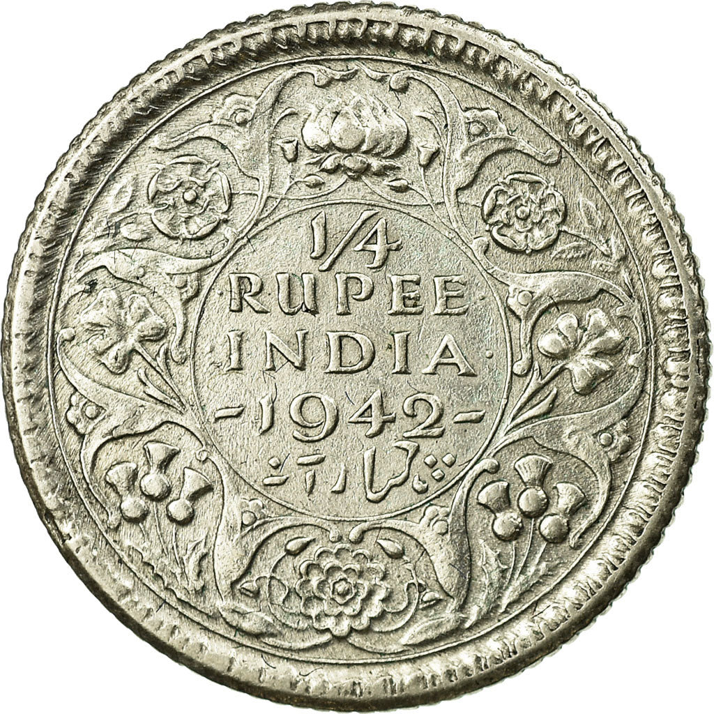 Coin, INDIA-BRITISH, George VI, 1/4 Rupee, 1942, EF(40-45), Silver, KM:546