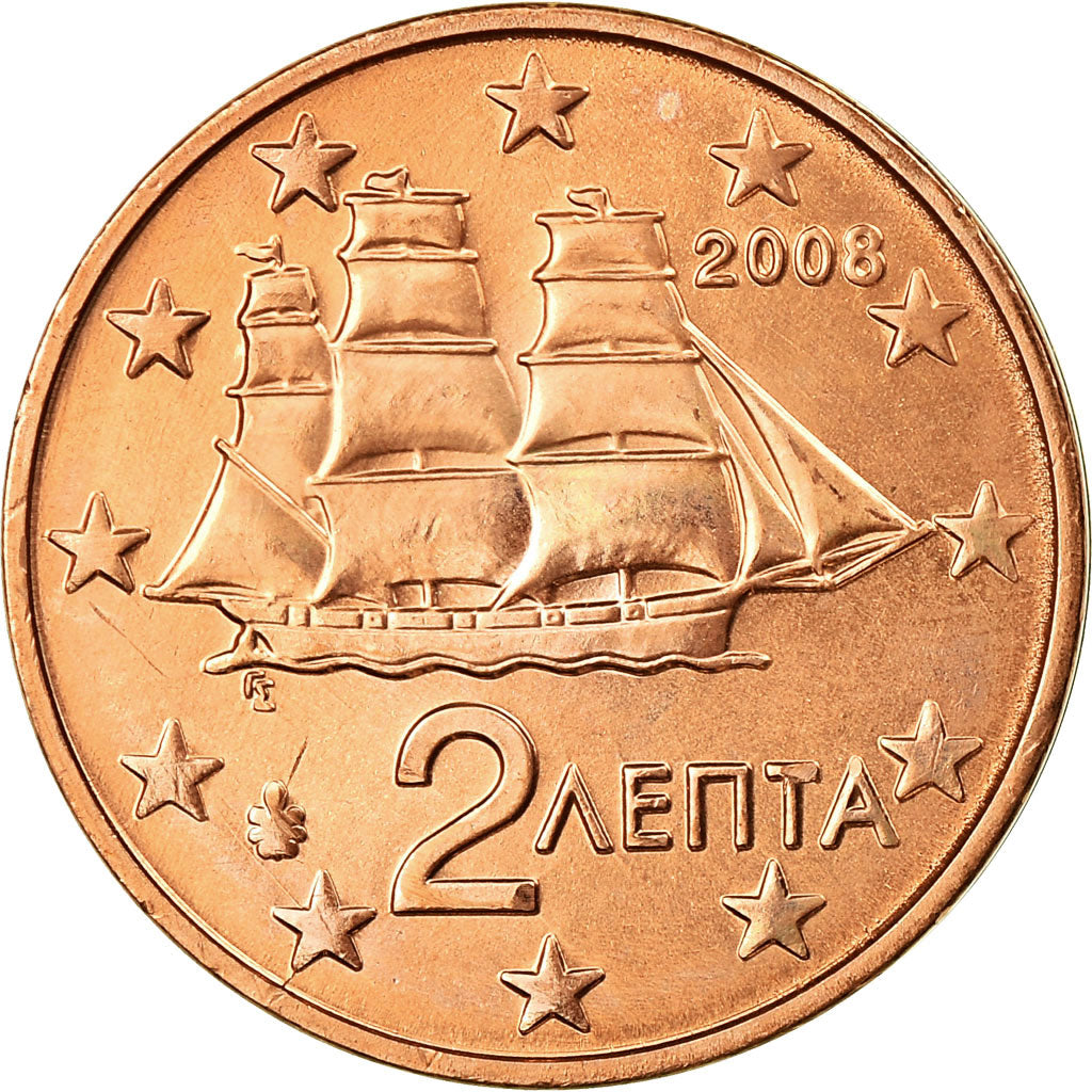 Griechenland, 2 Euro Cent, 2008, UNZ, Copper Plated Steel, KM:182