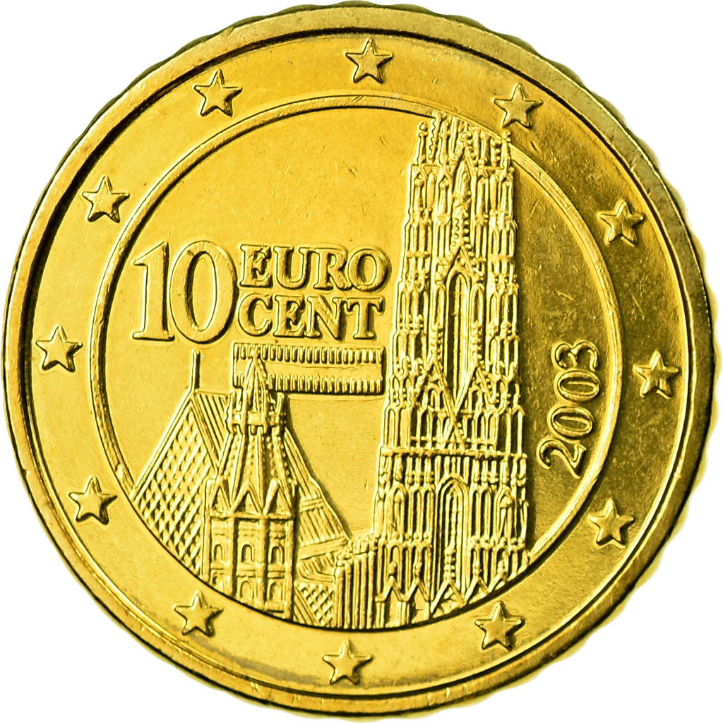 Áustria, 10 Euro Cent, 2003, MS(63), Latão, KM:3085