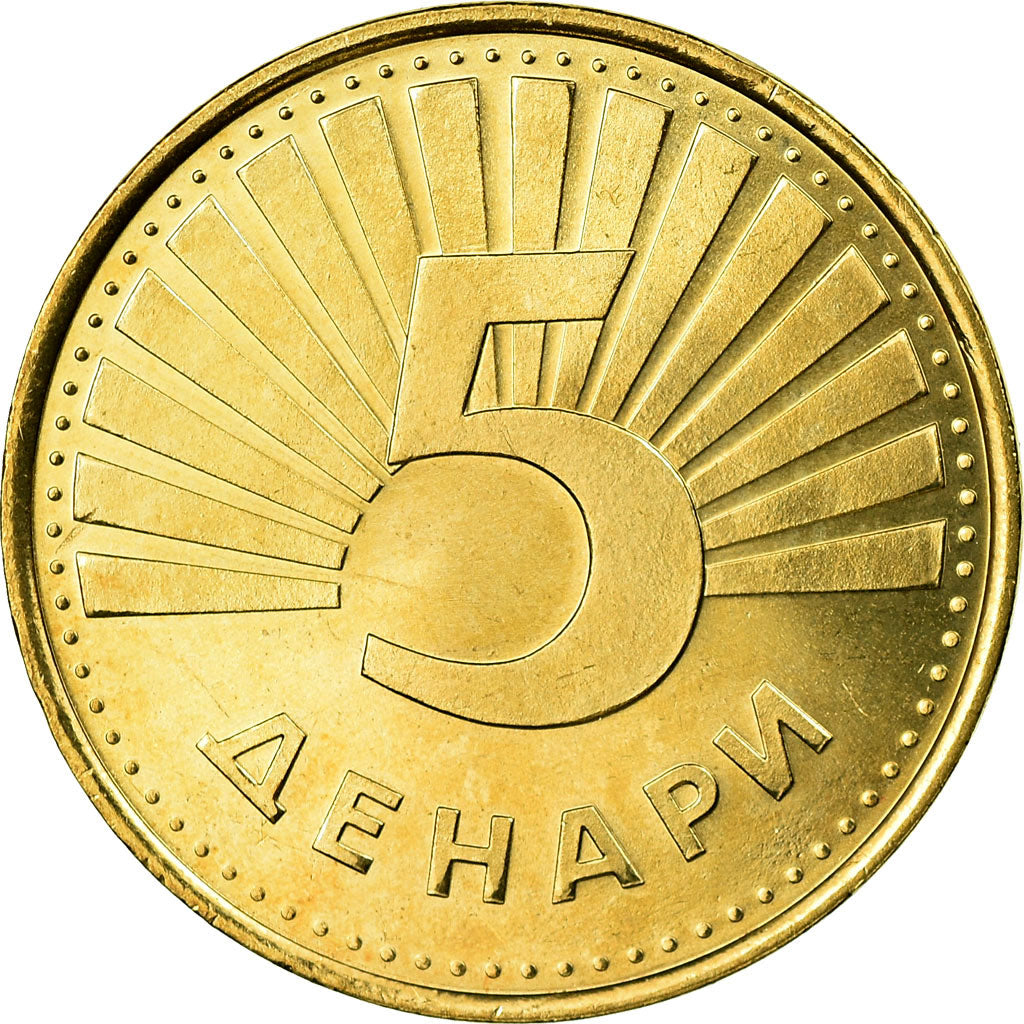 Coin, Macedonia, 5 Denari, 2006, AU(55-58), Brass, KM:4