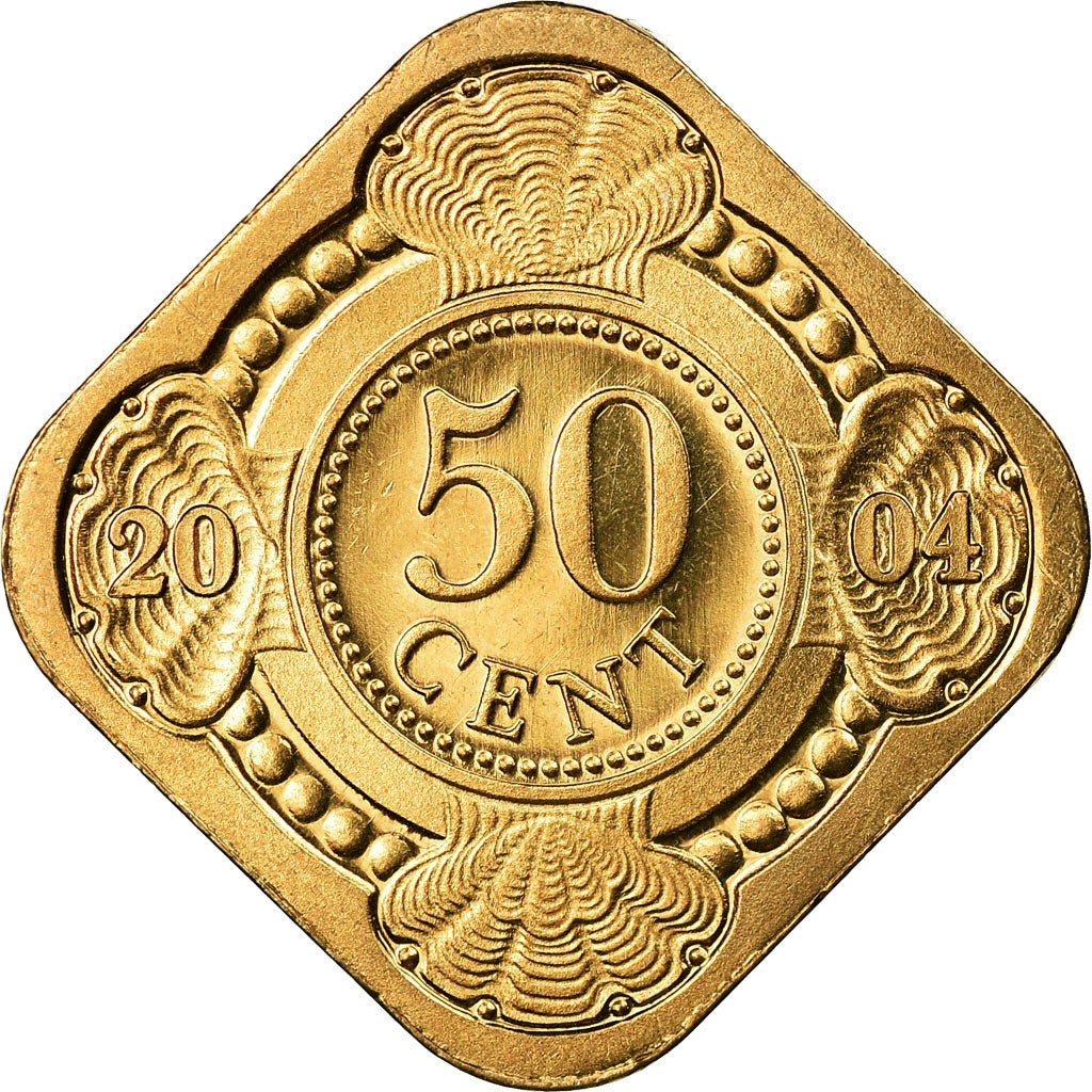 Coin, Netherlands Antilles, Beatrix, 50 Cents, 2004, MS(63), Aureate Steel