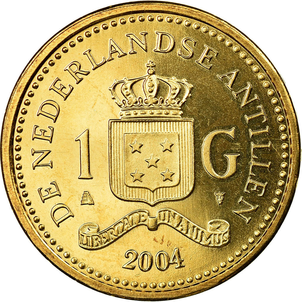 Coin, Netherlands Antilles, Beatrix, Gulden, 2004, MS(63), Aureate Steel, KM:37