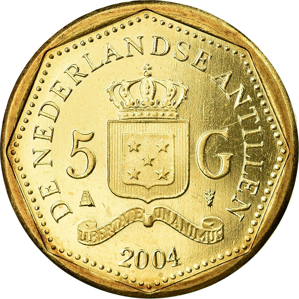 Coin, Netherlands Antilles, Beatrix, 5 Gulden, 2004, MS(63), Aureate Bonded