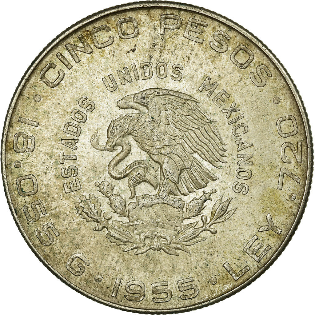Coin, Mexico, 5 Pesos, 1955, Mexico City, EF(40-45), Silver, KM:469