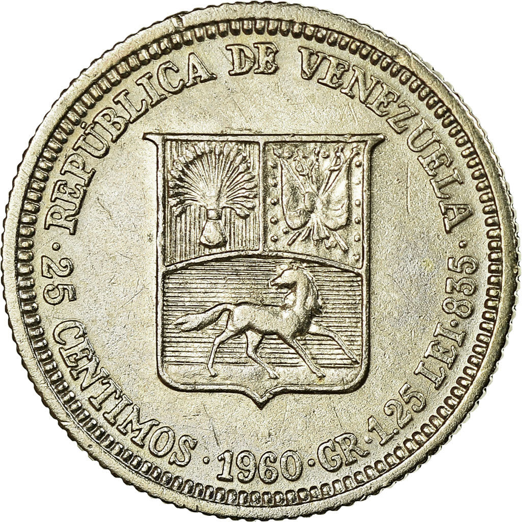 Coin, Venezuela, 25 Centimos, 1960, AU(55-58), Silver, KM:35a