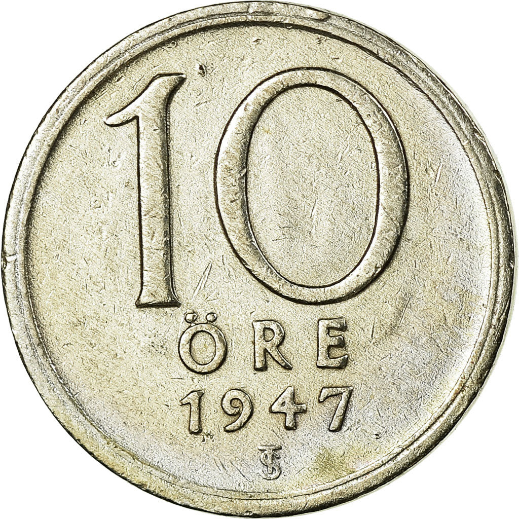Coin, Sweden, Gustaf V, 10 Öre, 1947, EF(40-45), Silver, KM:813