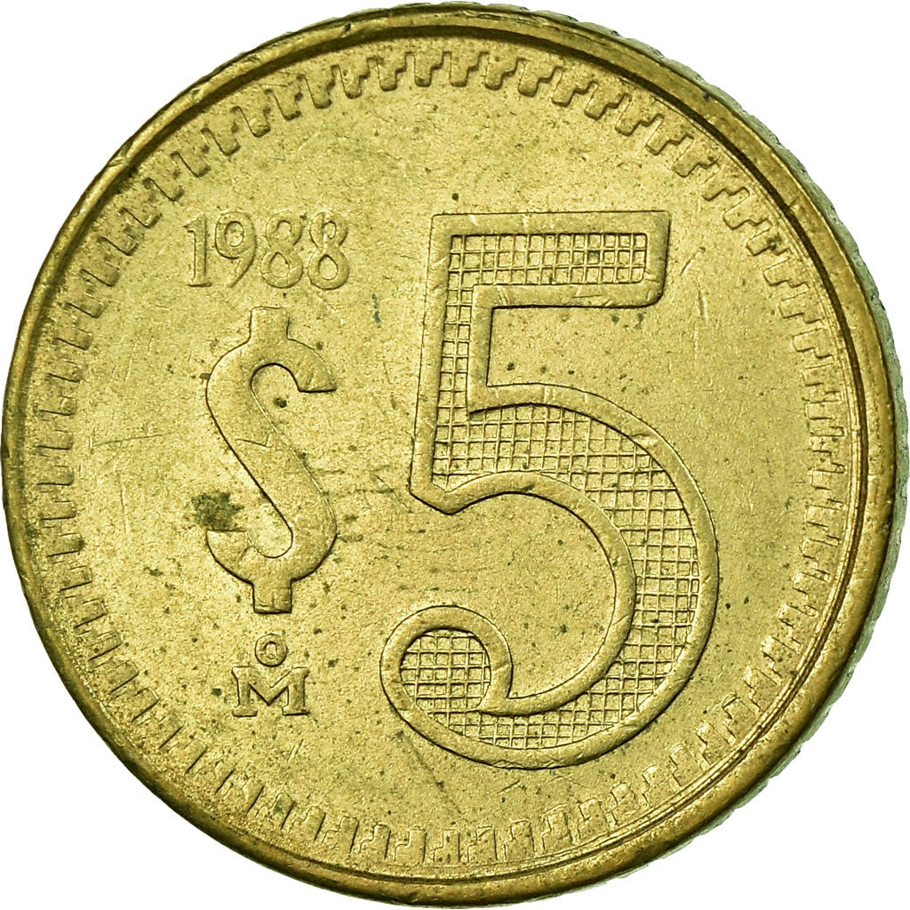 Coin, Mexico, 5 Pesos, 1988, Mexico City, EF(40-45), Brass, KM:502