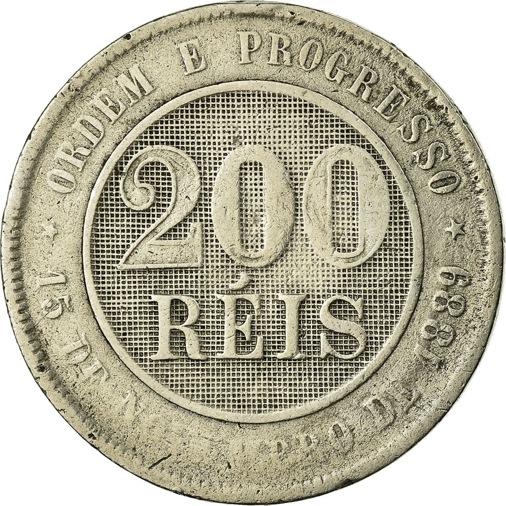 Coin, Brazil, 200 Reis, 1889, VF(20-25), Copper-nickel, KM:493