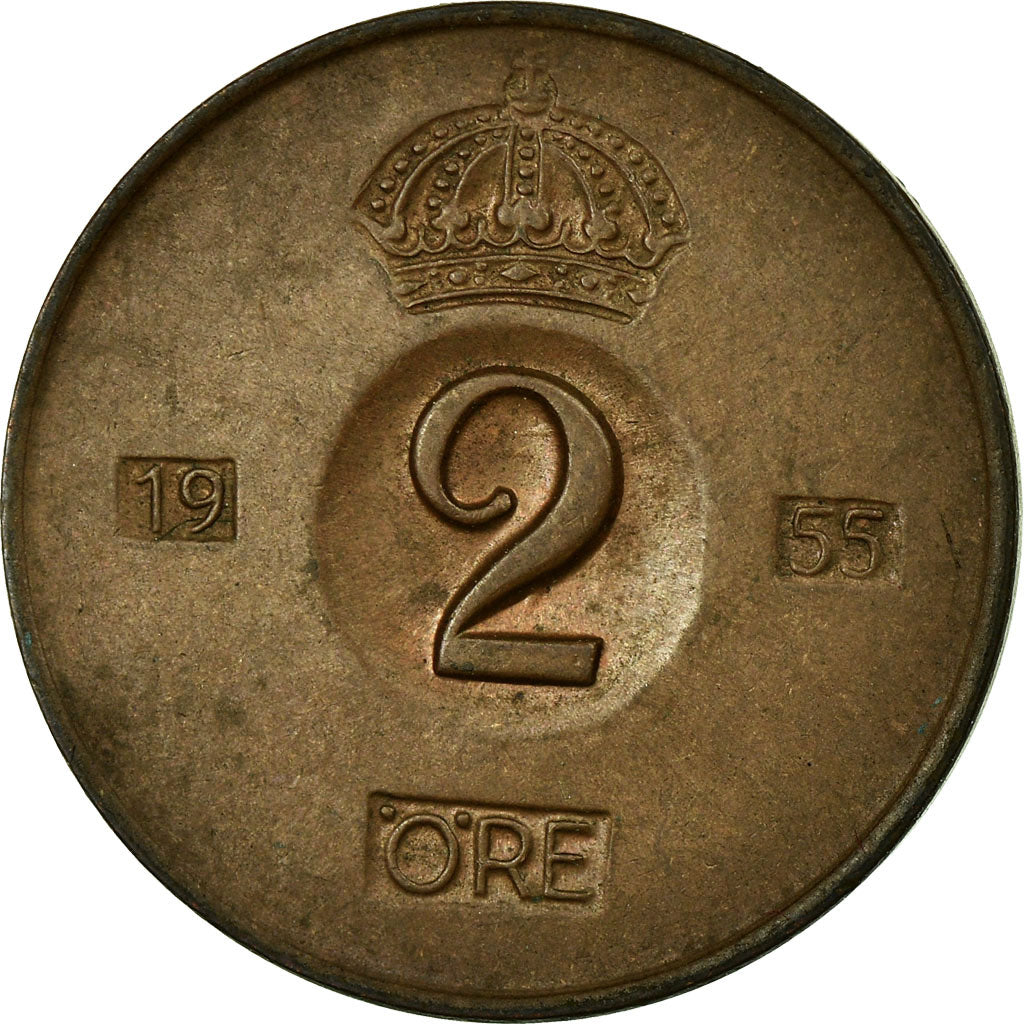 Moneta, Svezia, Gustaf VI, 2 Öre, 1955, BB, Bronzo, KM:821