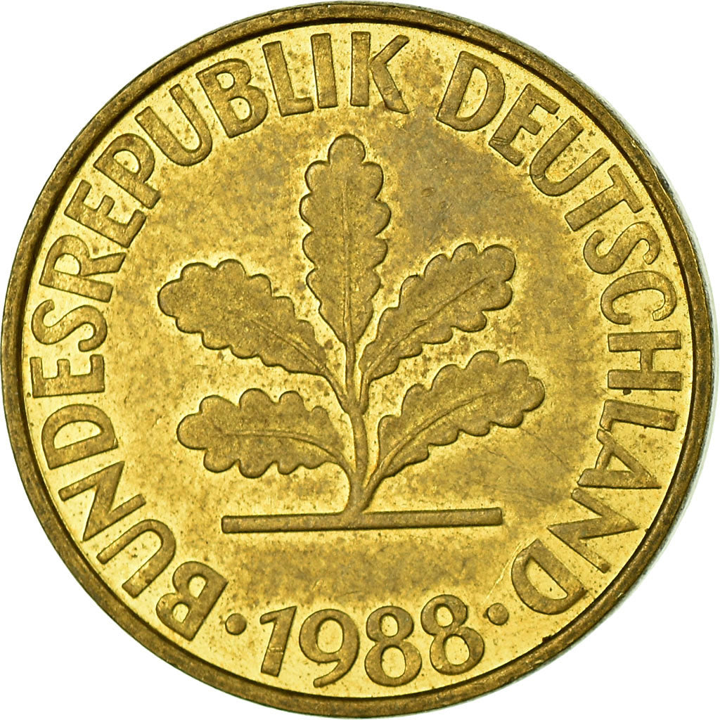 Coin, GERMANY - FEDERAL REPUBLIC, 10 Pfennig, 1988, Stuttgart, EF(40-45), Brass