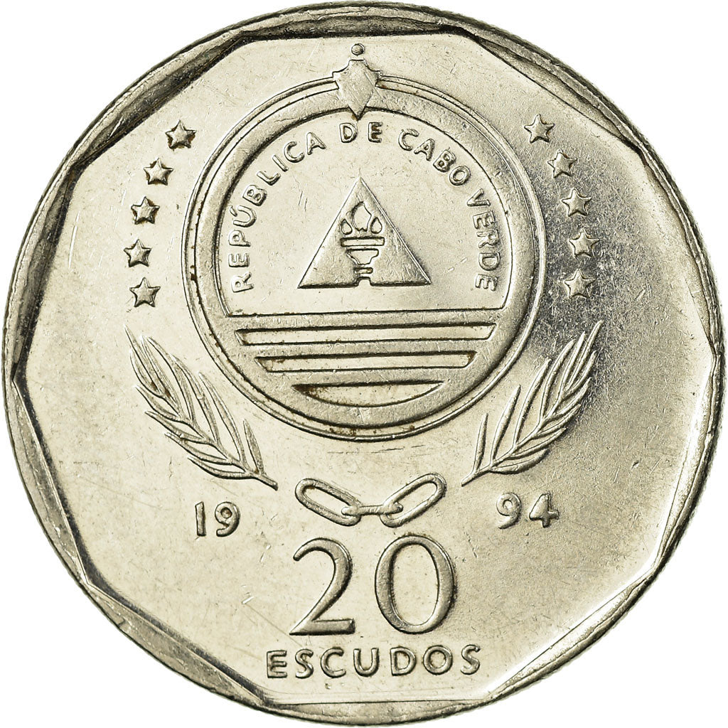 Moneta, Capo Verde, 20 Escudos, 1994, BB, Acciaio placcato nichel, KM:33