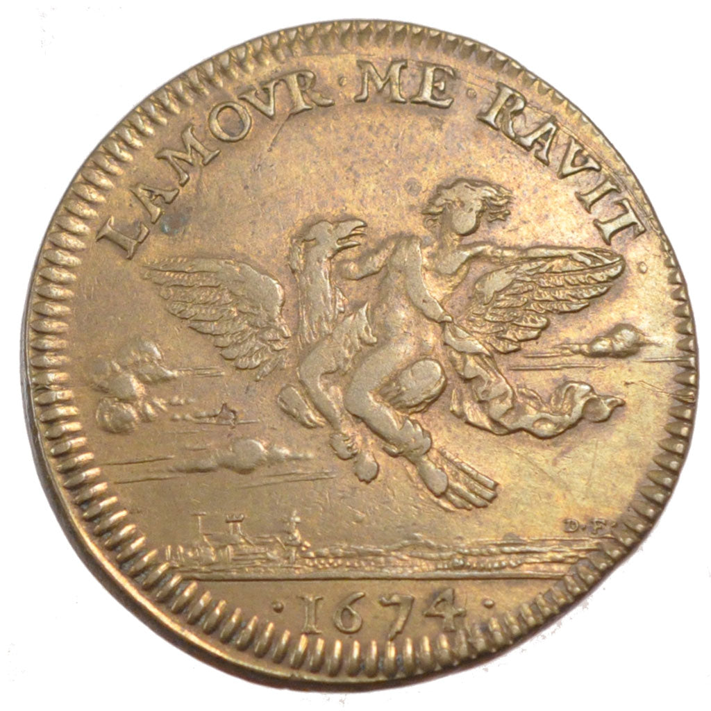 France, Royal, Token, 1674, EF(40-45), Copper, Feuardent #12660, 4.63