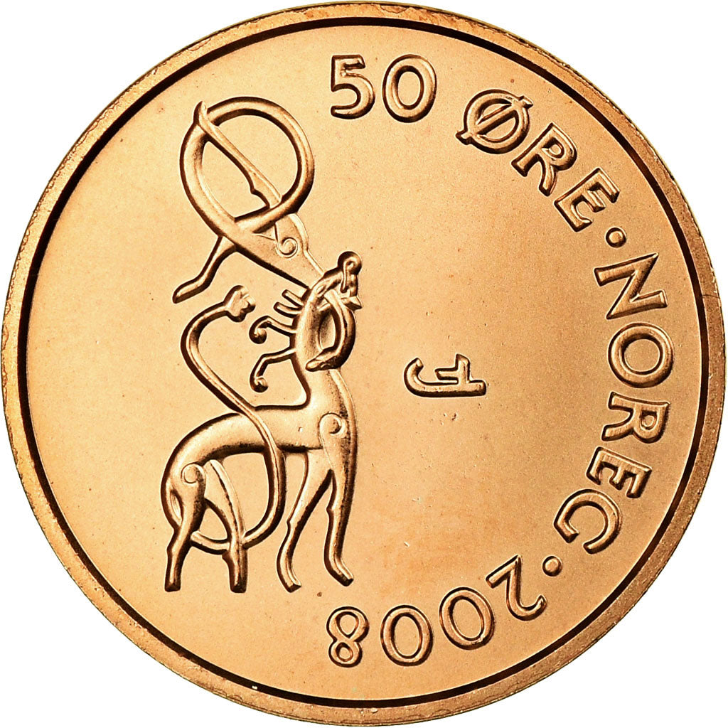 Coin, Norway, Harald V, 50 Öre, 2008, MS(65-70), Bronze, KM:460