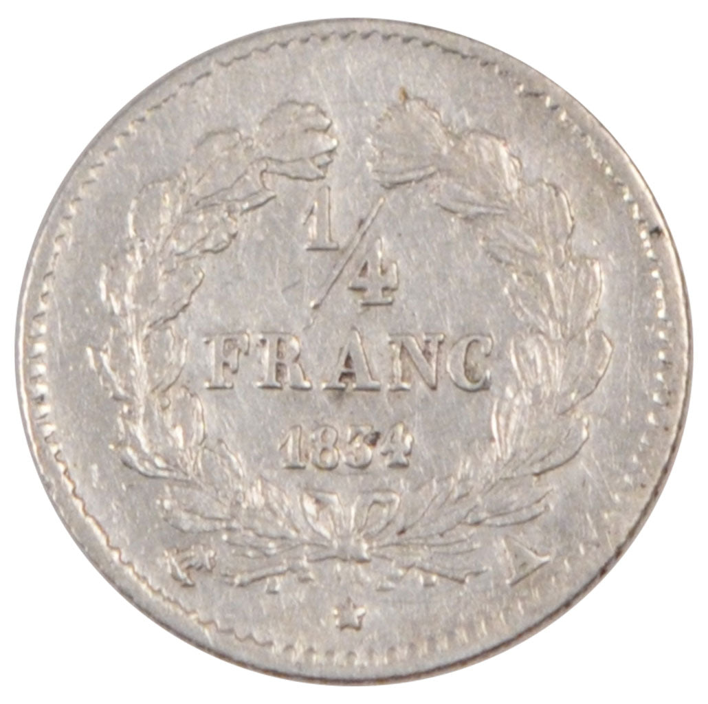 FRANCE, Louis-Philippe, 1/4 Franc, 1834, Paris, KM #740.1, AU(50-53), Silver,...