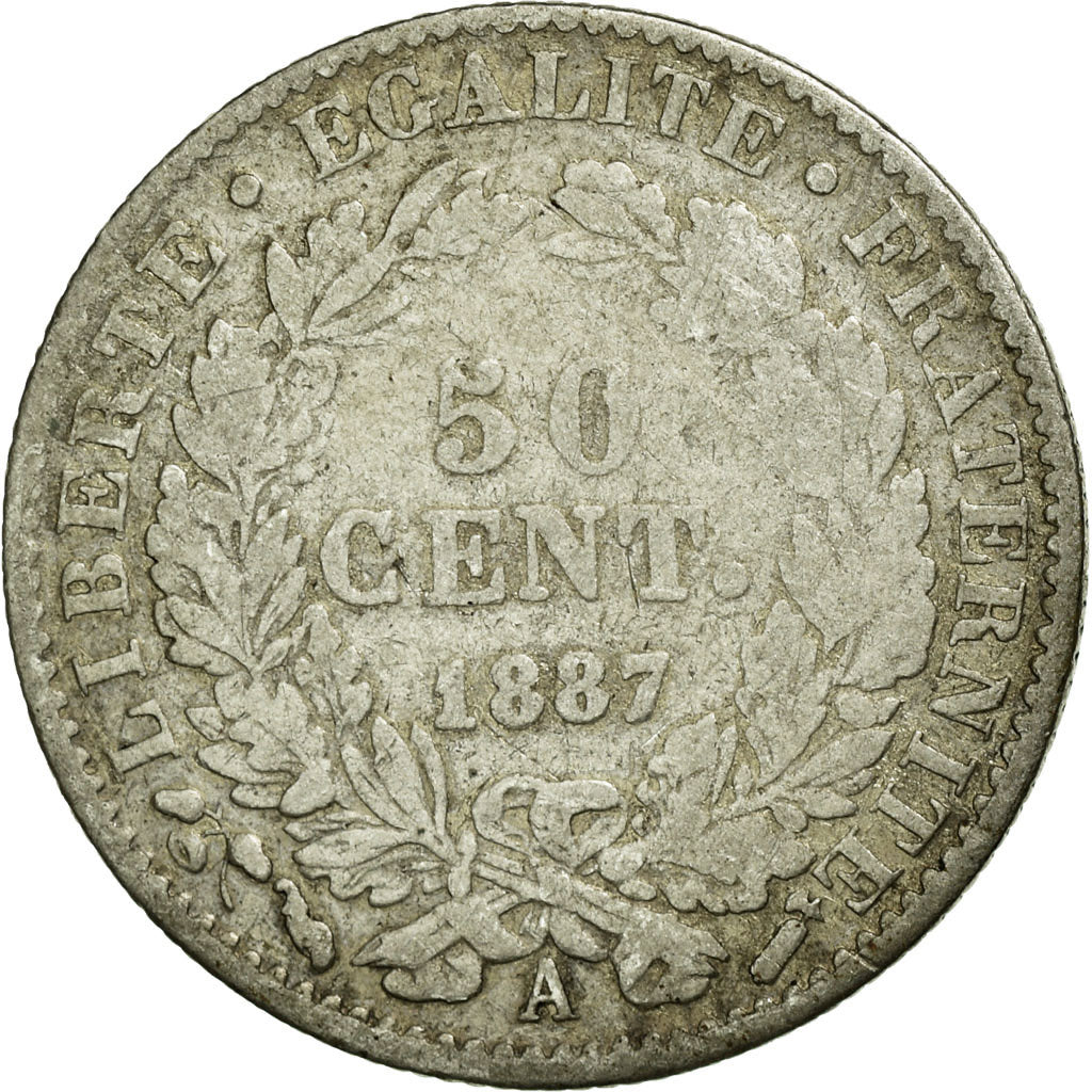 Coin, France, Cérès, 50 Centimes, 1887, Paris, VF(20-25), Silver, Gadoury:419a