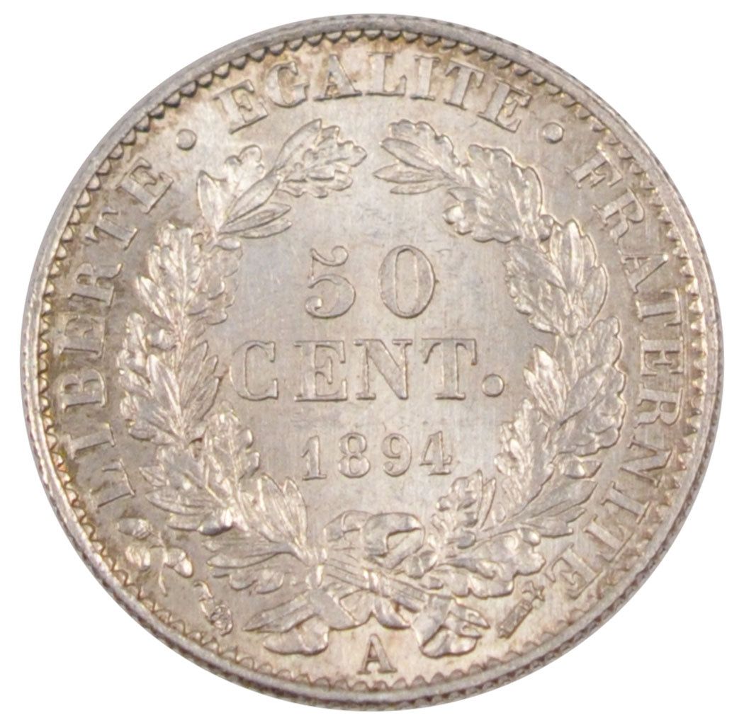 FRANCE, Cérès, 50 Centimes, 1894, Paris, KM #834.1, MS(60-62), Silver, 18, G...