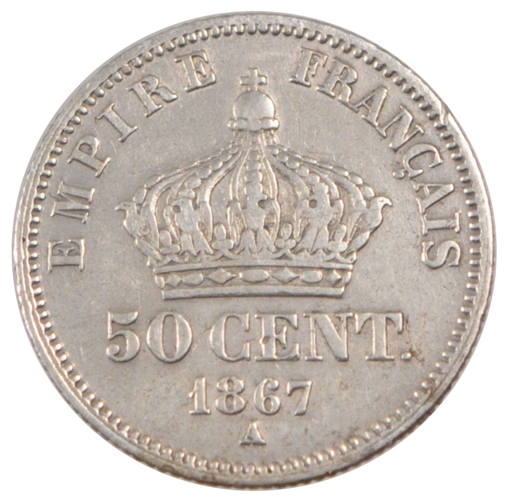 FRANCE, Napoléon III, 50 Centimes, 1867, Paris, KM #814.1, EF(40-45), Silver, 18