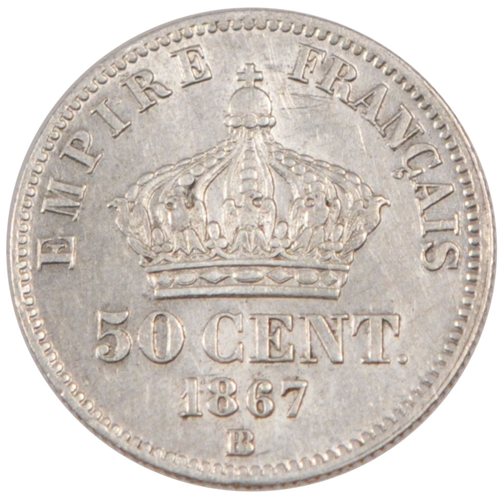 FRANCE, Napoléon III, 50 Centimes, 1867, Strasbourg, KM #814.2, AU(55-58), S...