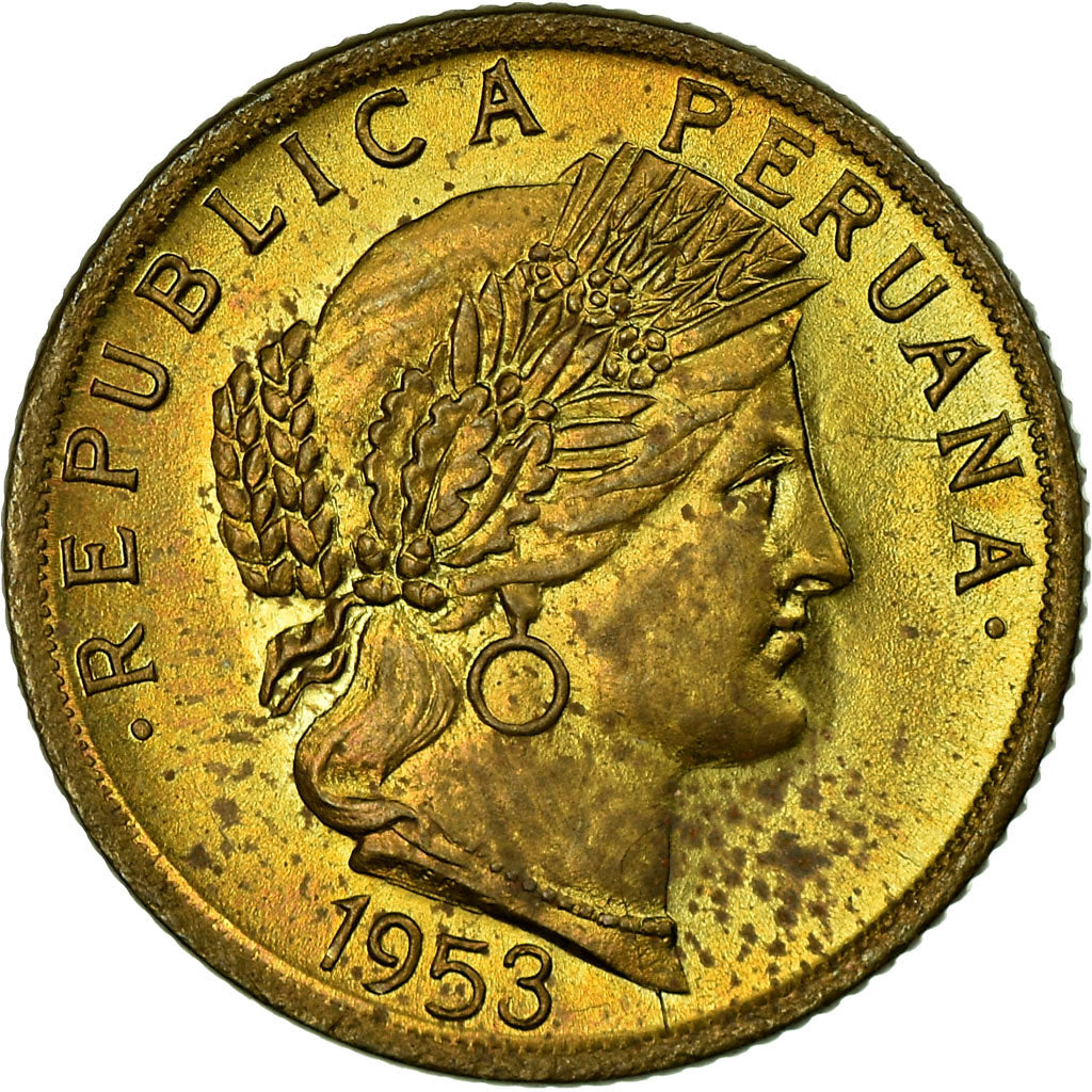 Moneda, Perú, 10 Centavos, 1953, MBC, Latón, KM:224.2