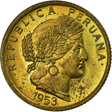 Moneda, Perú, 10 Centavos, 1953, MBC, Latón, KM:224.2