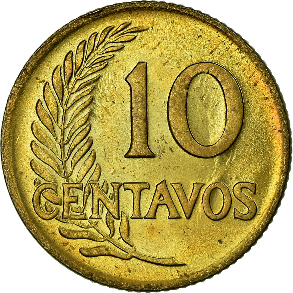 Moneda, Perú, 10 Centavos, 1953, MBC, Latón, KM:224.2