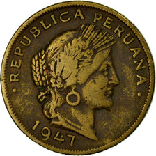 Moneda, Perú, 20 Centavos, 1947, BC+, Latón, KM:221.2