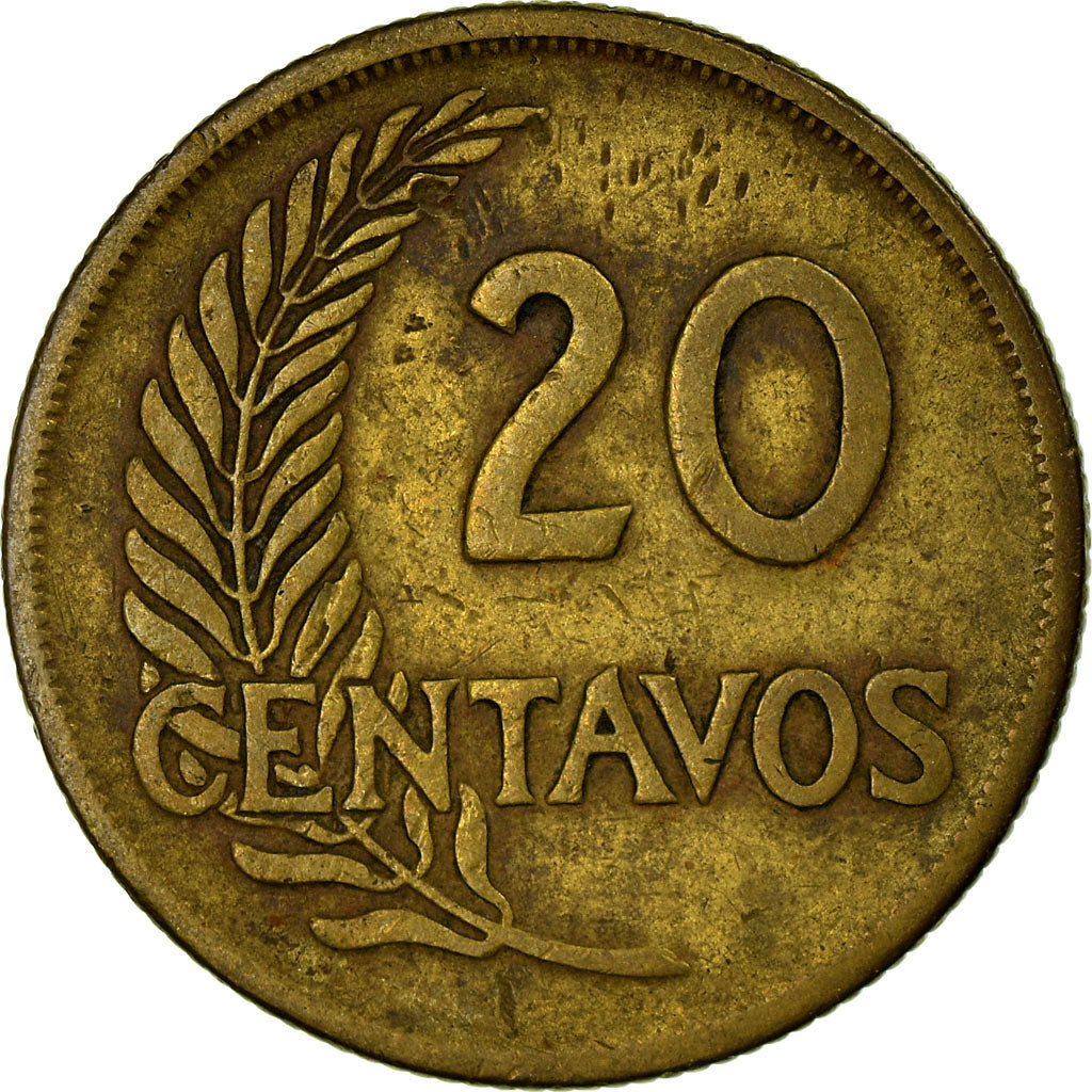 Moneda, Perú, 20 Centavos, 1947, BC+, Latón, KM:221.2
