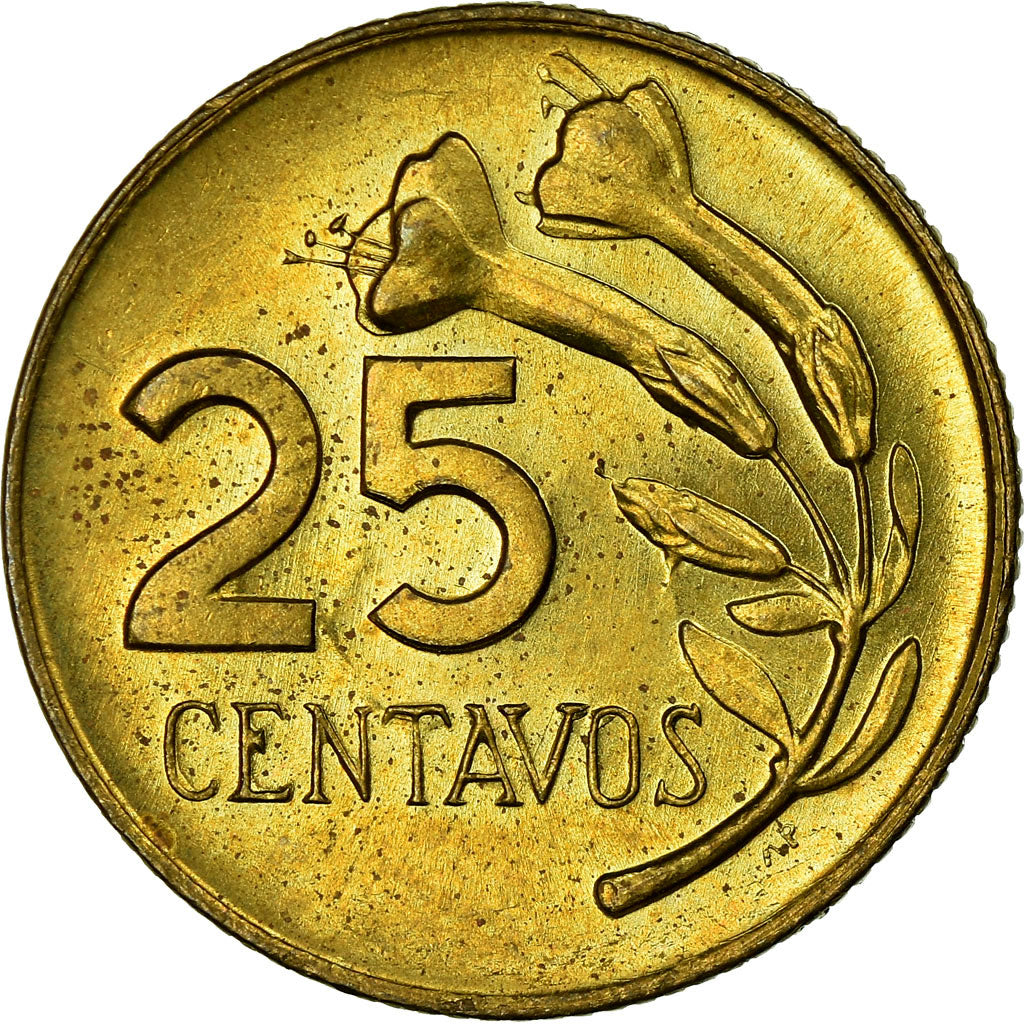 Coin, Peru, 25 Centavos, 1967, AU(55-58), Brass, KM:246.1