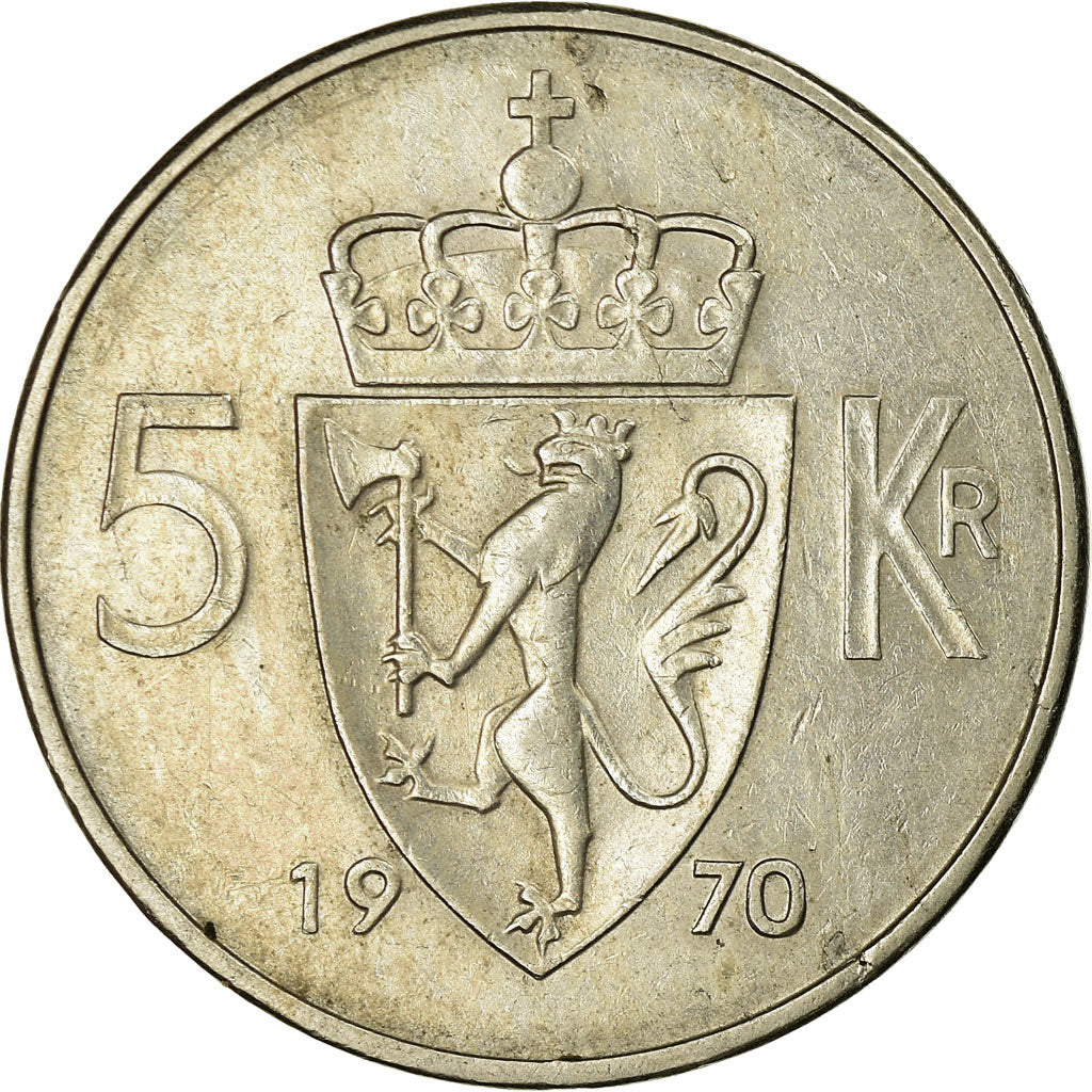 Coin, Norway, Olav V, 5 Kroner, 1970, EF(40-45), Copper-nickel, KM:412