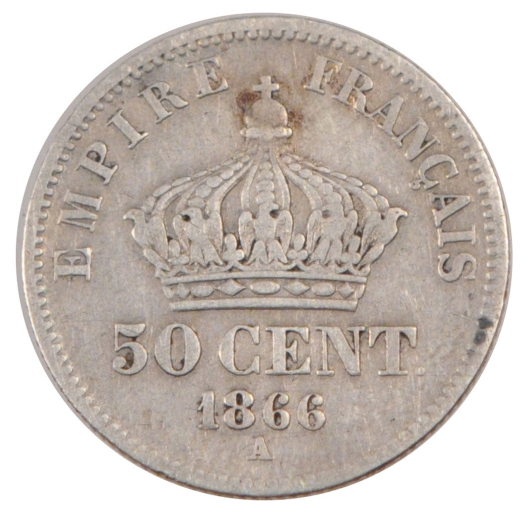 FRANCE, Napoléon III, 50 Centimes, 1866, Paris, KM #814.1, VF(30-35), Silver, 18