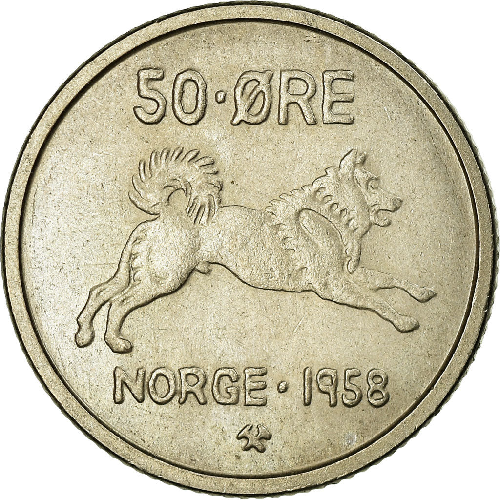 Coin, Norway, Olav V, 50 Öre, 1958, EF(40-45), Copper-nickel, KM:408