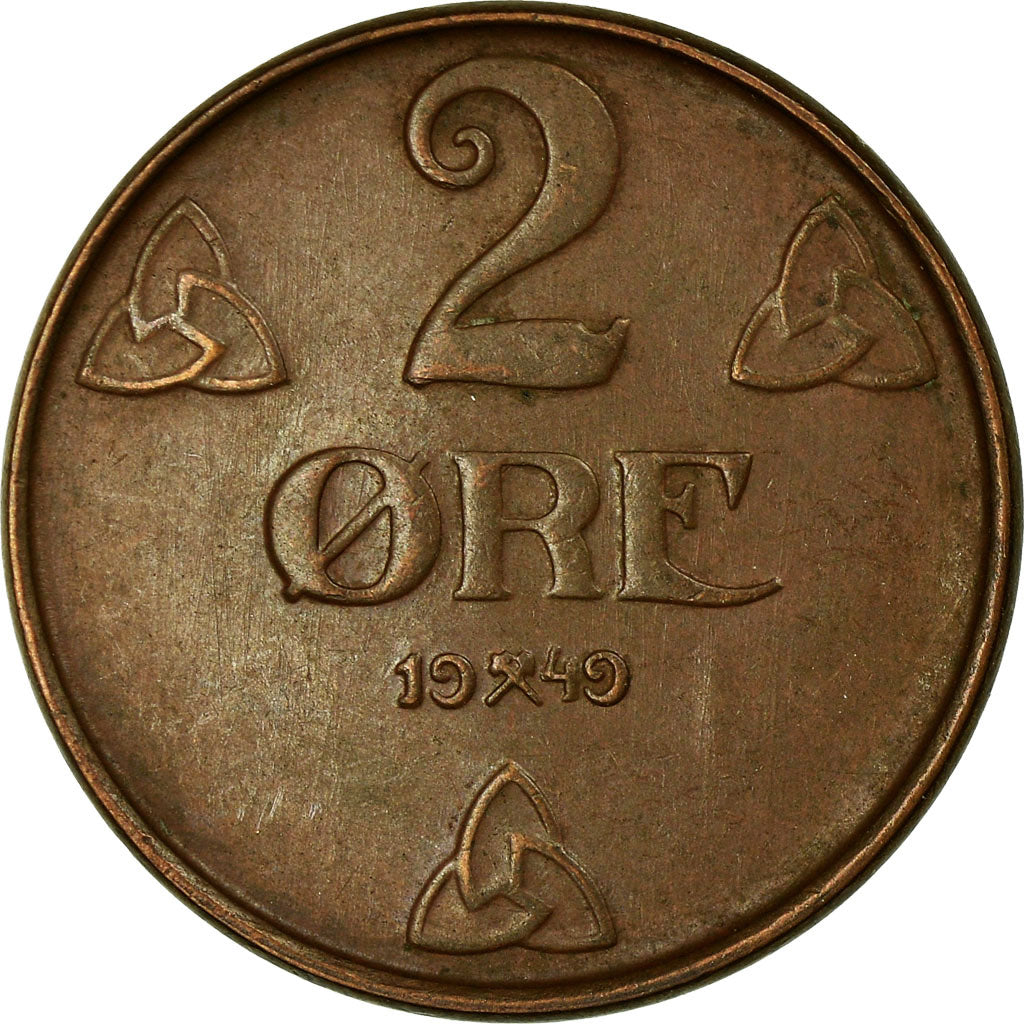 Moneda, Noruega, Haakon VII, 2 Öre, 1949, MBC, Bronce, KM:371