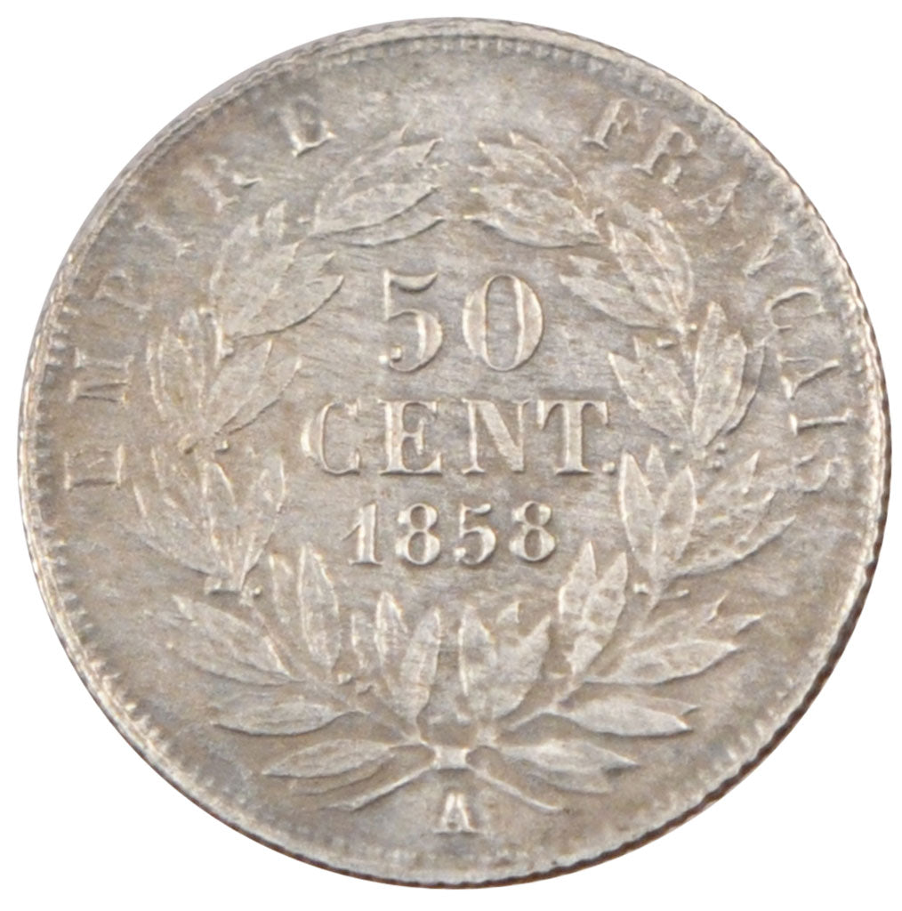 FRANCE, 50 Centimes, 1858, Paris, VF(30-35), Silver, Gadoury #414, 2.07
