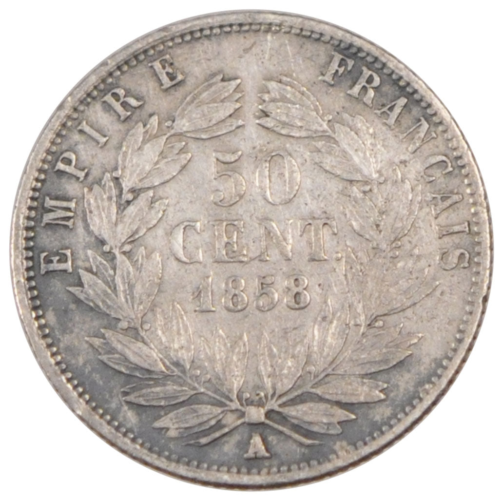 FRANCE, Napoléon III, 50 Centimes, 1858, Paris, KM #794.1, VF(20-25), Silver, G.