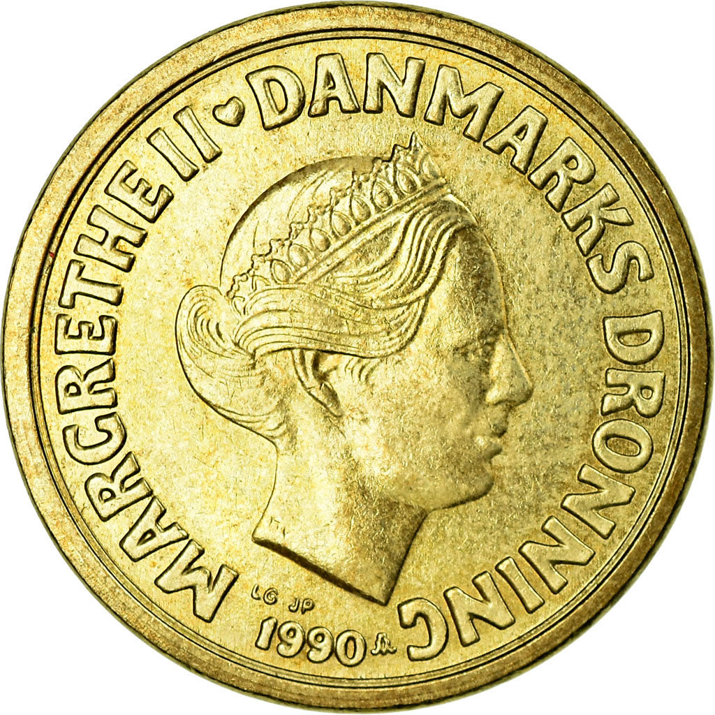 Moneta, Danimarca, Margrethe II, 10 Kroner, 1990, BB, Alluminio-bronzo, KM:867.2